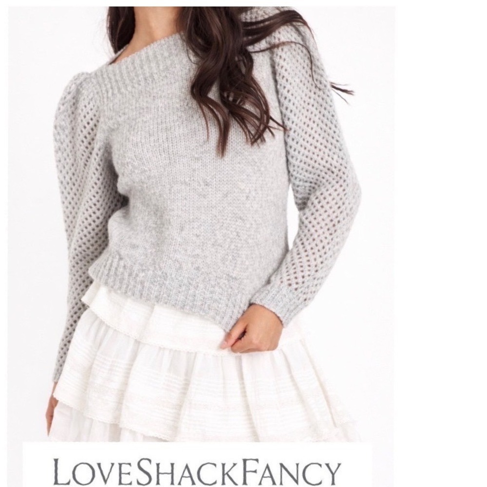 LoveShackFancy Grey Rosie Pullover Baby Alpaca Wool Puff Sleeve Sweater XL
